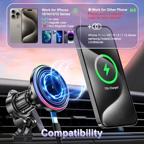 MANKIW Mag Safe Wireless Car Charger – 15 W Fast Charging Magnetic Mount for i Phone 15 Pro Max, 14, 13, 12 – Secure Magnetic Phone Holder with 360-Degree Rotation for Effortless Navigation – Essential Car Accessory for On-the-Go Charging