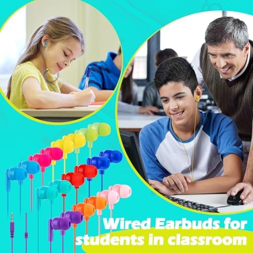 Vibrant 60-Pack Kids Earbuds – Durable Wired Earphones for Classroom Learning – Lightweight 3.5 mm Student Headphones Compatible with PCs, Chromebooks & Laptops – Colorful Design to Engage Young Minds – Ideal for Daily Educational Use