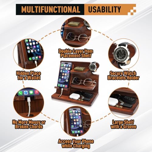 Wood Phone Docking Station for Men – Desk or Nightstand Organizer – Birthday Gifts for Husband, Dad – Anniversary Idea from Wife – Key Holder, Stand Wallet, Watch & Essentials – Enhanced Compatibility and Speed