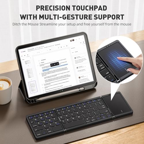 Ultra-Slim Foldable Bluetooth Keyboard with Touchpad – Portable Wireless Keyboard for Travel, Multi-Device Compatibility with Android, Windows, i OS – Lightweight Pocket-Sized Design with Built-in Stand for Effortless Typing on the Go