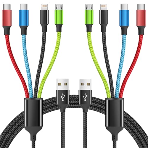 Versatile 4-in-1 Nylon Braided Charging Cable – 2 Pack, 5 FT Length, Fast Charging Universal USB Cable for Lightning, USB-C, and Micro USB Devices, Optimized for High-Speed Connectivity and Enhanced Durability, Ideal for Phones, Tablets, and More