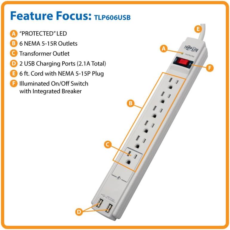 Tripp Lite 6-Outlet Surge Protector Power Strip with 6 ft Cord – 900 Joules of Protection for Home Office & Entertainment Systems, Versatile Connectivity, and Enhanced Safety Features