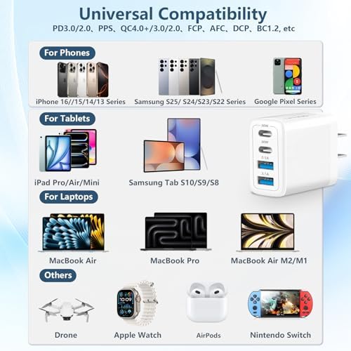 Linocell 2-Pack 60 W 4-Port USB C Charger Block – High-Speed Dual PD & QC Wall Adapter for i Phone 16-11 & Galaxy S25-S24 – Versatile Fast Charging Solution with USB-A Compatibility for Travel and Home Use