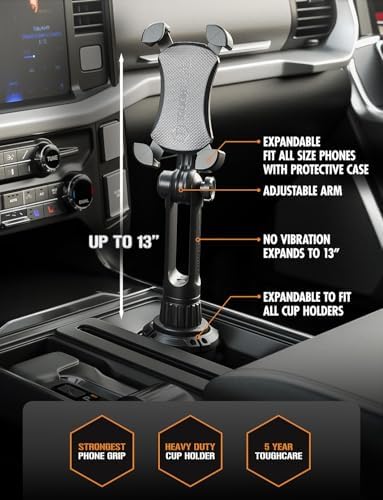 Ultimate Flexibility: Tough Tested Adjustable Mobile Cup Holder Phone Mount with 360° Rotation, Bendable No-Vibration Boom Arm, and Quick Release for All Smartphones – Elevate Your Driving Experience with Enhanced Safety and Convenience