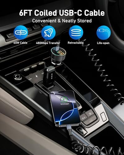 90 W 4-Port USB C Car Charger with 6 FT Coiled Cable – Super Fast Charging for i Phone 16/16 e/15 Pro Max/Plus, Samsung Galaxy S25/S24, Pixel & Android Devices – Ultimate Travel Companion for Multiple Devices with Enhanced Compatibility and High-Performance Output