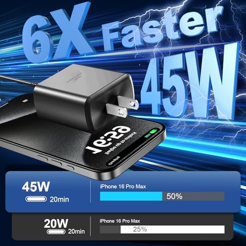45 W USB-C Super Fast Charger for i Phone 16 & Galaxy Devices – Includes 6.6 FT Type-C Cable for Flexible Power Solutions – Compact & Portable Design for On-the-Go Charging – Advanced Safety Features for Device Protection – Ideal for Rapid Power Demands and Enhanced Device Longevity