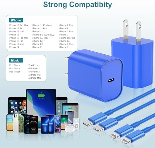 MFi Certified 20 W USB-C to Lightning Fast Charger for i Phone 14/13/12 – 6 FT Durable Cable & Power Delivery Block in Stylish Blue – Ultimate Solution for Rapid Charging of All Apple Devices Including i Pad Pro, XS, XR, 8 Plus – Optimized for Reliability and Speed