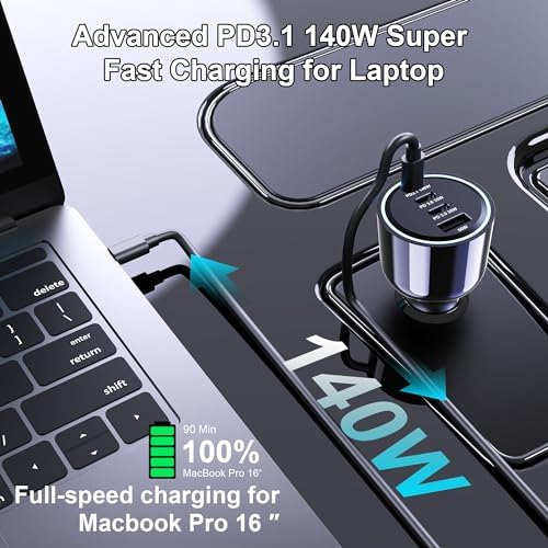 URVNS 240 W USB C Car Charger – Super Fast 4-Port PD3.1/PD3.0 Multi-Device Car Adapter for Mac Book Pro, i Phone 15/16 Max, Samsung Galaxy S24/S23, Google Pixel – Ultimate On-the-Go Charging Solution with Smart Power Distribution and Safety Features