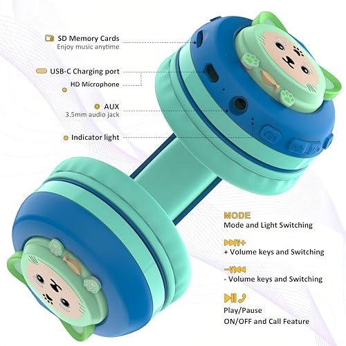 Riwbox CB-7 S Wireless Kids Headphones – Safe & Stylish Audio for Young Listeners with Adjustable Volume Control (74/85/95 d B), LED Glow Lights, 50 Hours of Playtime, Bluetooth 5.3 Connectivity, Built-in Microphone & TF Card Slot for School, Travel, and Home Use (Pink & Green) – Ideal for Active Lifestyles