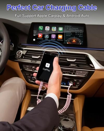Versatile 2-in-1 Coiled Pink Charger Cable – USB to Lightning & USB-C for Fast Charging & Data Transfer, Compatible with i Phone 11-16 & Android Devices, Supports Apple Car Play & Android Auto, Stylish & Durable Design for Effortless Connectivity