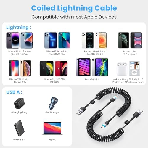 Opluz Coiled Lightning Cable 2 Pack – 3 FT MFi Certified i Phone Charger for Fast Charging in Cars, Ideal Short USB to Lightning Cable for Seamless Car Play Experience, Stylish Black Design for Enhanced Interior Compatibility and Clutter-Free Convenience