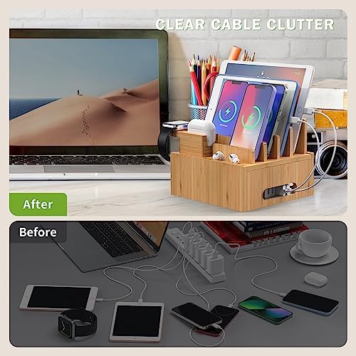 Eco-Friendly Bamboo Multi-Device Charging Hub by Pezin & Hulin – Elegant Docking Station for Phones, Tablets, Smartwatches & Earpods with 5 High-Speed USB Cables for Clutter-Free, Fast Charging Solutions in Home or Office