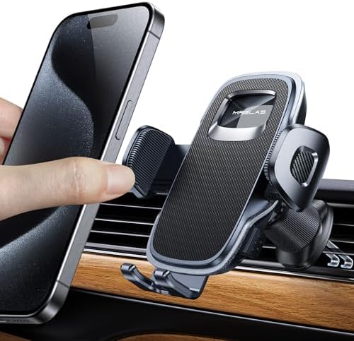 Universal Smartphone Air Vent Car Mount with Dual Metal Hook for Secure One-Hand Use – Sleek Black Design for i Phone & Android Devices, Effortless Navigation & 360-Degree Rotation, Essential Driving Accessory for Safety and Convenience