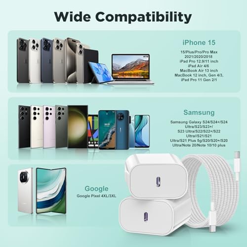 20 W USB-C Fast Charging Wall Charger for i Phone 15/16 & i Pad – Includes 3 Versatile USB-C to C Cables (3 ft, 6 ft, 10 ft) – Ultimate Compatibility with i Phone 15 Pro Max, i Pad Pro, and Samsung Devices – Compact Travel-Friendly Design with Enhanced Safety Features Against Overheating & Overcharging