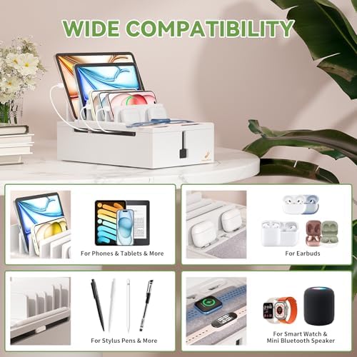 Pezin & Hulin Eco-Friendly Bamboo Charging Station – 10-Port USB Dock Organizer with 6 Cables, Enhanced Power Supply & Cable Management for Multi-Device Charging, Sleek Natural and Black Design for Homes and Offices