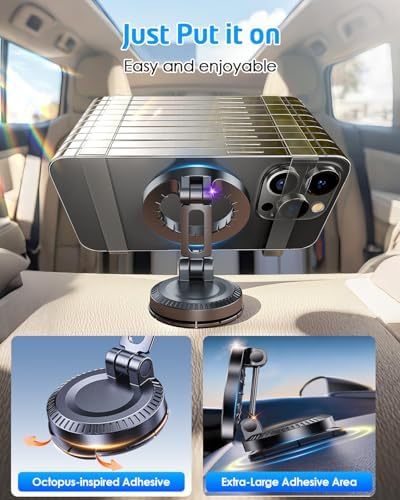 WixGear for MagSafe Car Mount, Foldable Car Phone Mount, Magnetic Phone Holder for Car Dashboard, Strong Magnets, MagSafe Suction Mount, MagSafe Dash Mount, 360° Rotation, Compatible with iPhones – Enhanced Compatibility and Speed