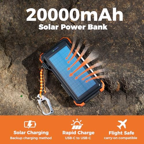 Ultimate BLAVOR 20000 m Ah Solar Power Bank with Fast Charge and Built-In Cables – Ideal Multi-Device Charger for Outdoor Adventures, Camping, and Daily Use – Eco-Friendly USB C Battery Pack Compatible with i Phone 16-11, i Pad, Samsung, and Apple Watch