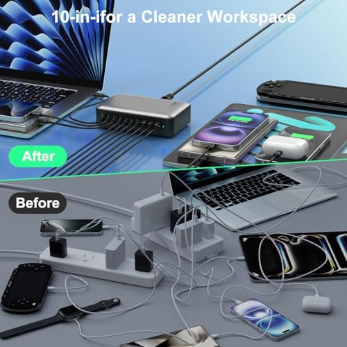 Powerful 10-Port USB C Fast Charger Block – 540 W Ga N Charging Station for Laptop & Multi-Device Compatibility – PD 100 W Output for Rapid Charging of Mac Book, i Pad, i Phone, Samsung Galaxy & Dell – Compact and Efficient Charging Hub for Home and Office Use