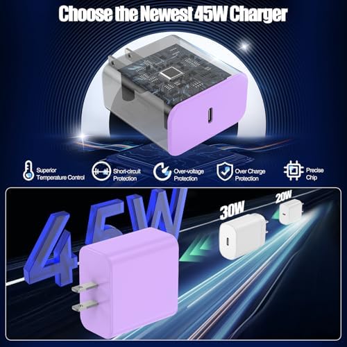 45 W USB-C Fast Charger Bundle for i Phone 16/16 Pro Max & 15/15 Pro Max – 2-Pack 10 FT Type C Cables, PD 3.0 Power Delivery Adaptor for i Pad Pro, Mac Book Air/Pro M1/M2, Air Pods – Stylish Purple Design with Enhanced Charging Speed and Compatibility