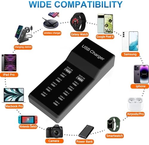 Ultimate 12-Port USB C Charging Station – 60 W Multi-Device Power Hub with 10 USB-C and 2 USB-A Ports for Fast Charging of i Phone, i Pad, Samsung, Google Pixel, Smartwatches, and Headphones – Compact Design for Home, Office, or Travel – Smart Technology for Optimal Power Delivery and Enhanced Compatibility