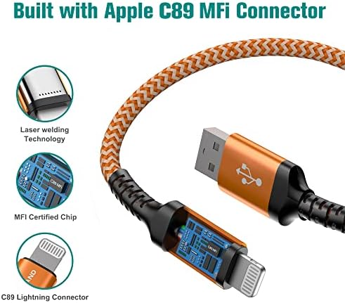 Apple C89 MFi Certified 7-Foot Lightning to USB-A Braided Charging Cable for i Phone 14/13/12/11 Pro, Max, Mini, SE, XS, XR, 8/7/6 Plus, i Pad & Air Pods – Durable, Fast Charging & Stylish Orange/White Design for Enhanced Compatibility