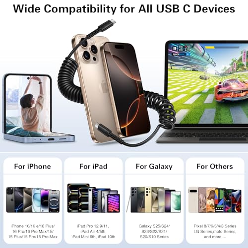 Canjoy 6 FT Retractable Coiled USB C Cable for Car – 5-Pack Fast Charging Cords Compatible with Car Play & Android Auto, Ideal for i Phone 16/15 and Samsung Galaxy S24/S23/S22 – Durable, Tangle-Free Design for Ultimate Convenience