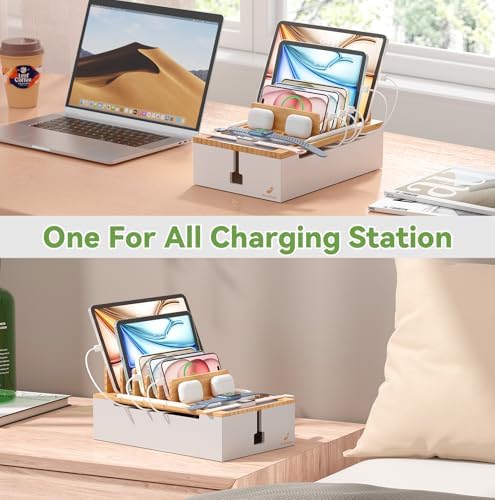 Pezin & Hulin Eco-Friendly Bamboo Charging Station – 10-Port USB Dock Organizer with 6 Cables, Enhanced Power Supply & Cable Management for Multi-Device Charging, Sleek Natural and Black Design for Homes and Offices