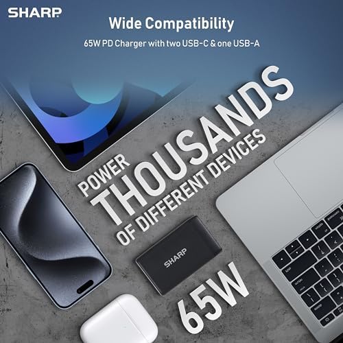 Revolutionize Your Charging Routine with the Sharp 65 W USB-C Multi-Port Wall Charger – Cutting-Edge Ga N Technology Powers Mac Book Pro, i Pad Pro, Galaxy S23, Dell XPS 13, i Phone 15 & More – Three-Port Design for Simultaneous Fast Charging – Compact, Foldable, and Travel-Friendly Solution for Tech Enthusiasts – Ultimate Compatibility for All Your Devices