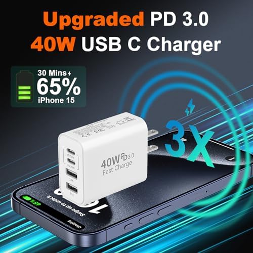 Ultimate 40 W Multiport USB-C Fast Charger – High-Efficiency 4-Port Power Adapter with Quick Charge 3.0 & Power Delivery for Super-Fast Device Charging – Sleek, Portable Design Perfect for Travel – Convenient 2-Pack for Enhanced Versatility and Easy Charging on the Go