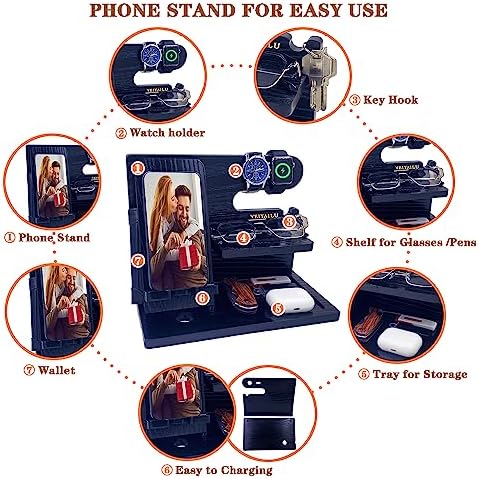 Gifts for Dad Men Mom Women from Daughter Son Birthday Gifts Nightstand Organizer Mens Wood Phone Docking Station (Black) – Enhanced Compatibility and Speed
