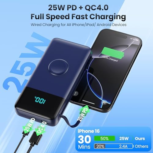 High-Capacity 40800 m Ah 5-in-1 Portable Power Bank with Fast Charging for i Phone and Apple Watch – Dual Built-in Cables, Magnetic Wireless Charger, LED Display, Ideal for Travel and Outdoor Adventures, Compatible with Android and More Devices