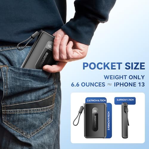 Ultimate 10,000 m Ah Portable Charger with Built-in USB-C Cable – Fast Charging Power Bank for Heated Vests, Jackets, and Outdoor Gear – Essential Battery Pack for i Phone, i Pad, and Android – Compact and Durable Design with Lanyard for On-the-Go Convenience