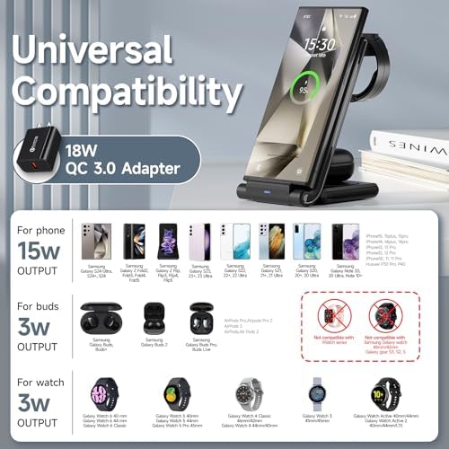 MANKIW Foldable 3-in-1 Wireless Charging Station: Fast Charging Hub for Samsung Galaxy S24, S23, S22, S20 Ultra, Z Flip, Fold 5/4/3, Galaxy Watch 6/5/4/3 & Buds – Convenient Design for Enhanced Speed and Portability in Classic White