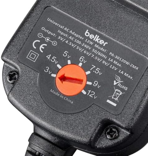 Versatile Belker Universal AC/DC Power Adapter – 12 W, 1000 m A Multi-Voltage Charger for Household Electronics – Reliable, Compact, and Safe Solution for Devices Requiring 3 V to 12 V Power