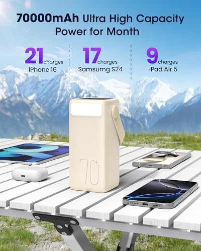 Ultra High-Capacity 70000 m Ah Power Bank – 22.5 W Fast Charging Portable Charger with LED Display & Built-In Flashlight – Ideal for Camping, Travel, and Emergency Use – Multiple Outputs for i Phone, Samsung, i Pad, and More – Stay Connected Anywhere with Long-Lasting Power Solution – Lightweight Design with Convenient Carry Strap and Real-Time Power Monitor – Comprehensive Safety Features Including Overcharge and Short Circuit Protection – Perfect for Outdoor Adventures and Unexpected Power Outages – Includes USB-C Charging Cable and 2-Year Customer Support for Peace of Mind