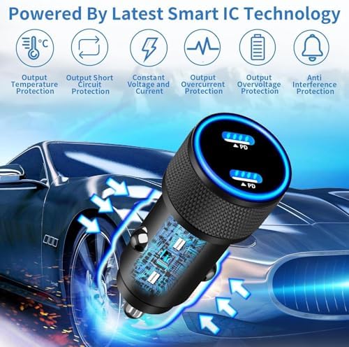 BAOYUANDA 72 W Dual Port USB-C Car Charger for i Phone 16 Series – MFi Certified Fast Charging Solution with 2 Durable Type C Cables for i Pad Pro, Android & More – Ultimate Compatibility for On-the-Go Power Management