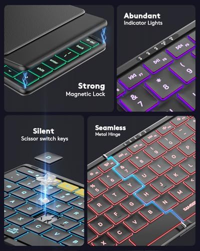 Samsers Foldable Bluetooth Keyboard KF08 – Ultimate Portable Wireless Keyboard with PU Leather Cover for i OS, Android, Windows, and Mac – Ideal Travel Companion for Laptops, Tablets, and Smartphones – Enhanced Comfort and Durability for On-the-Go Professionals