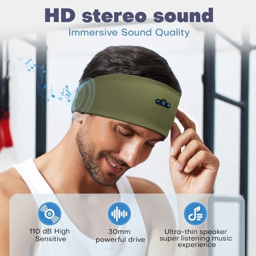 Revolutionary Bluetooth Sleep Headphones Headband for Ultimate Comfort – 14-Hour Wireless Playtime with Superior HD Stereo Sound for Side Sleepers and Active Lifestyles – Stylish Olive Design, Ideal for Yoga, Running, and Relaxation – Perfect Gift Choice for Men, Women, and Teens