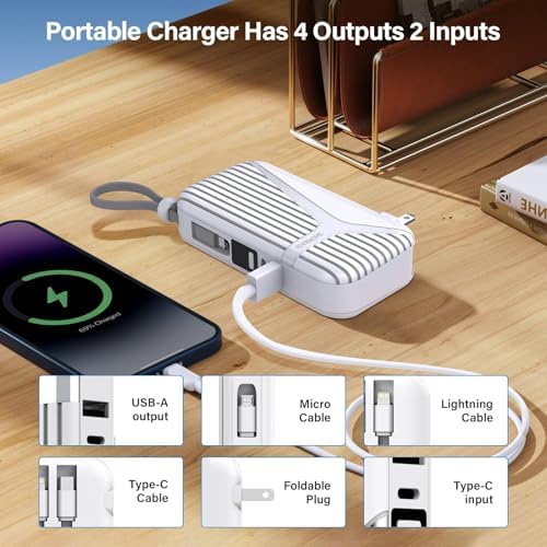 Compact 27 W Fast Charging Power Bank with Built-in Cables – 10,000 m Ah Portable Charger for i Phone & Android – Effortless Multi-Device Charging with 4 Outputs & 2 Inputs – Essential Travel Battery Pack for i Phone 16/15/14 and Newer – Durable Design for On-the-Go Energy Solutions