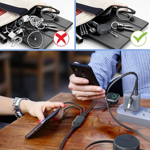Ultimate 100 W Multi-Device Fast Charging Cable: 4-in-2 USB-C/A Retractable Charger for Apple Watch, i Phone, Mac Book & Galaxy – MFi Certified Travel Essential with Magnetic Connection and Adjustable Length for Efficient Simultaneous Charging of Up to 4 Devices. Experience rapid charging with advanced 6 A PD technology, powering your i Phone 15 Pro to 92% in just 35 minutes and fully charging Mac Book Pro in 1.9 hours. Designed for convenience, this versatile cable extends from 1 ft to 4 ft, making it perfect for any environment, from your office to your car. The magnetic Apple Watch charger ensures secure connections, while built-in safety features protect your devices from over-current and overheating. Compatible with a wide range of devices including all Apple Watch series and various smartphones, this compact and durable cable is the ultimate travel companion. Enjoy peace of mind with a 12-month warranty and dedicated customer support, ensuring 100% satisfaction.