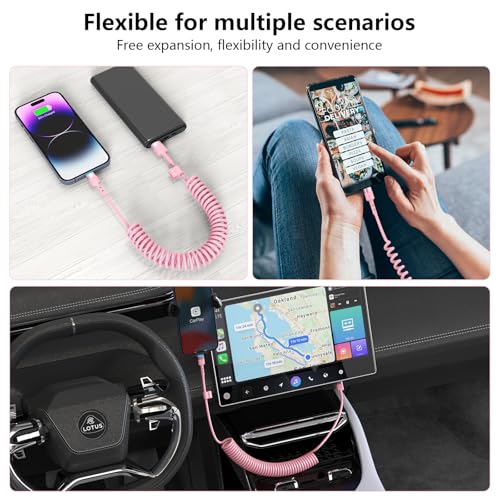 2-Pack Retractable Coiled USB-C to Lightning Charger Cable for i Phone – MFi Certified Fast Charging Solution for i Phone 14/13/12/11 SE/Xr & i Pad – 4 Ft Pink Car Play Cable for Uber and On-the-Go Syncing – Durable, Tangle-Free Design for Ultimate Portability and Efficiency