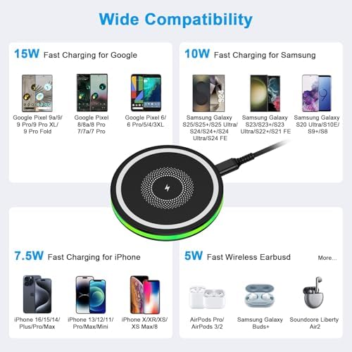 15 W Fast Wireless Charger Pad for Samsung Galaxy S25 Series & Google Pixel 9 – Ultra-Fast Charging with QC3.0 Adapter, LED Status Indicator, and Multi-Device Compatibility – Rapid Charge Your Phone in 2.8 Hours, Safe & Case-Friendly Design for Everyday Use