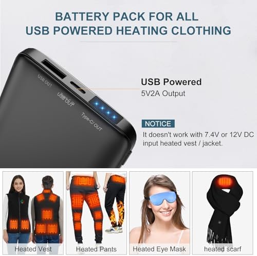 KOVNLO 10,000 m Ah Ultra-Thin Battery Pack for Heated Vests – High-Speed USB-C Power Bank for Heated Apparel, i Phone & Android Devices – Lightweight & Durable Portable Charger for All Your Cold Weather Needs