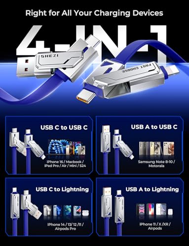 SHEZI 4-in-1 USB C Charging Cable | 240 W Fast Charging Solution for i Phone 16/15 & More | 5 FT Durable Flat Silicone Cord with Lightning, USB-C, USB-A Connectors | Versatile Multi-Device Charger for Home, Office & Travel | Enhanced Compatibility & Speed