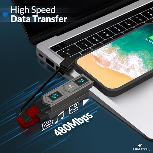 Magnetic 4 in 1 Multi Charging Cable with LED Display, Portable Keychain Charger, Fast as lightning charging/Type C/USB A/USB C Ports for iPhone iPad Mac, AirPods Samsung Google, (65W) (Red) – Enhanced Compatibility and Speed