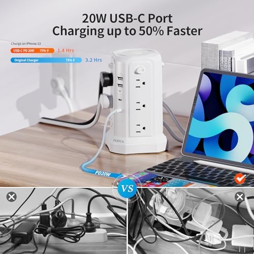PASSUS 16 FT Long Surge Protector Power Strip with USB-C Fast Charging & Built-in Night Light – Versatile Charging Station for Home & Office with 4 USB Ports, Compact Tower Design, and Enhanced Surge Protection
