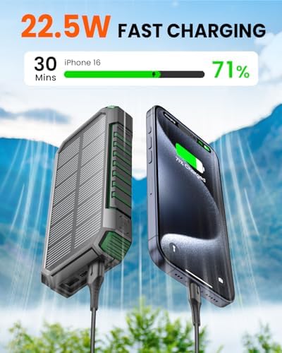 Riapow 27,000 m Ah Solar Power Bank – Ultra-Fast 22.5 W Wireless Charger with Built-in Cables for 6 Devices, Ideal for Outdoor Adventures and Emergency Power Needs – Charge i Phone 16 to 65% in 30 Minutes with High-Capacity Battery and Efficient PD 3.0 Technology – Stay Connected Anywhere, Anytime