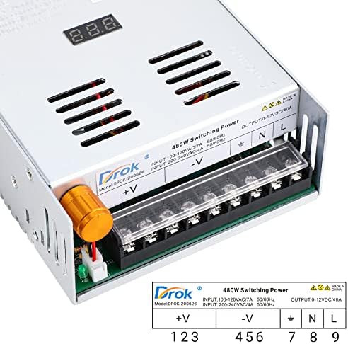 DROK 24 V Adjustable Power Supply – High-Efficiency AC to DC Converter for Reliable Power Delivery, 20 A 480 W Regulated Adapter Perfect for Computer Labs and Versatile Electronic Applications, Adjustable 5 V to 24 V Voltage Transformer for Enhanced Performance and Compatibility