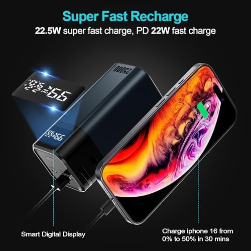 High-Capacity 25000 m Ah Power Bank with Advanced EV 4680 Battery Technology – Ultra-Fast Charging Portable Charger Featuring Built-in USB-C Cable and 4 Ports for Simultaneous Multi-Device Charging – Ideal for i Phone 16/15 Pro Max, i Pad, Galaxy and More – Exceptional Performance for On-the-Go Power Needs