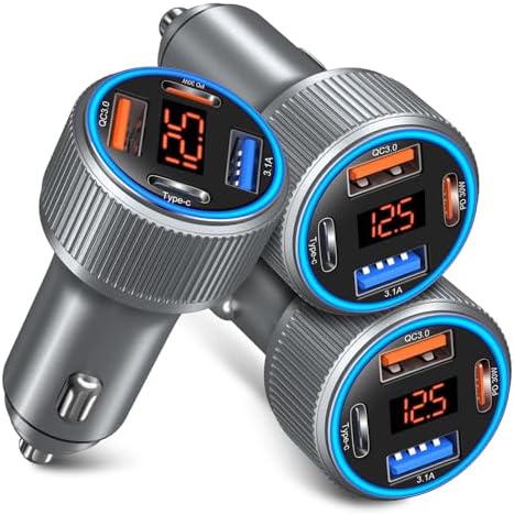 High-Speed USB C Car Charger 3-Pack – 65 W Dual Port QC+PD 3.0 Fast Charging Adapter with Voltmeter for i Phone 16-12, i Pad Pro Max & Android Devices – Reliable Multi-Port Cigarette Lighter Charger in Sleek Black/Gray Design